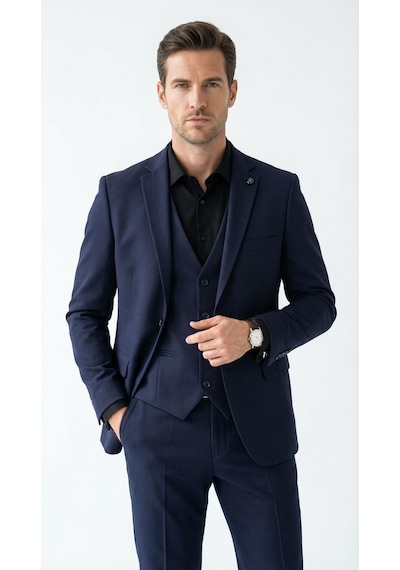 Erkek Klasik Slim Fit Armürlü Kumaş Tek Düğmeli Çift Yırtmaçlı Klasik Yaka Takım Elbise 7 Drop Lacivert