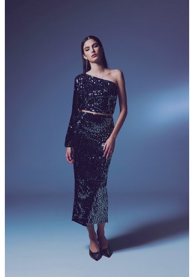 Sateen Kadife Payetli Midi Etek - Gümüş-135603 Gümüş