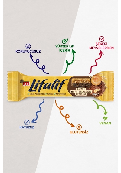 Lifalif Kayısılı, Yer Fıstıklı, Kakaolu Meyve Bar 35 G X 16 Adet
