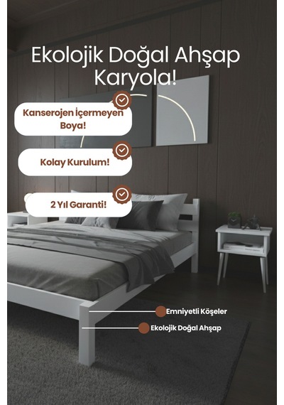 Renazzo Letto Masif Ahşap Karyola Beyaz 140x200 Beyaz - 140 X 200