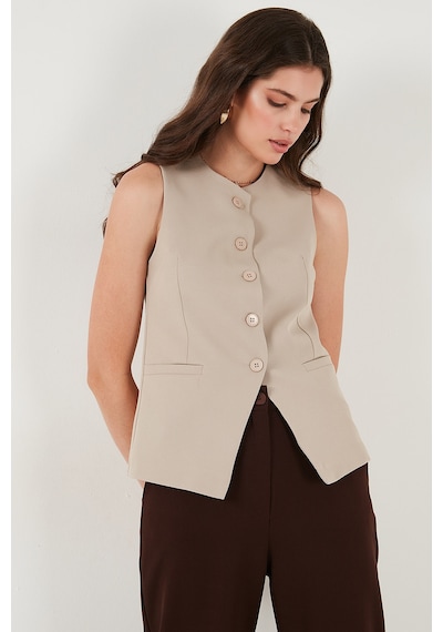 Lela Regular Fit Bisiklet Yaka Kolsuz Düğmeli Basic Bluz Bayan Yelek 65200004 Taş