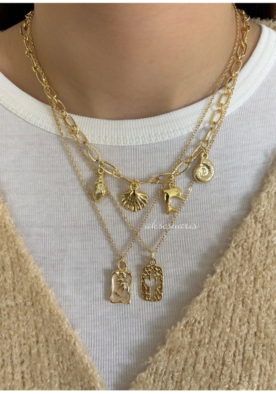 3'lü Gold Charm Deniz Kabuğu Mineli Kaktüslü Kolye Set Altın Altın
