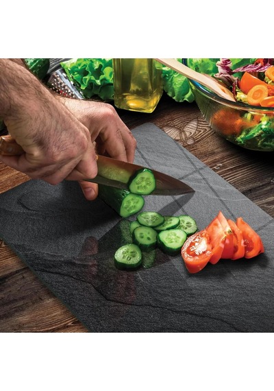 Cam Kesme Tahtası Ve Sunumluk Siyah Taş Desenli 30x40 Cm Çok Renkli