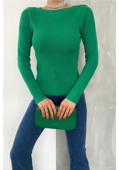 Femelle Kadın Yeşil Standart Beden Basic Yaka Detaylı Fitilli Örme Bluz