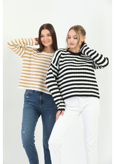 Youknitwear You Angora Çizgili Kazak Mavi