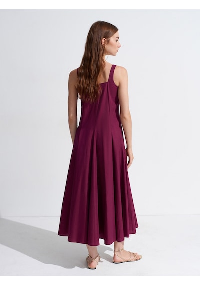 DİLVİN 90941 Kare Yaka Askılı Midi Elbise-bordo