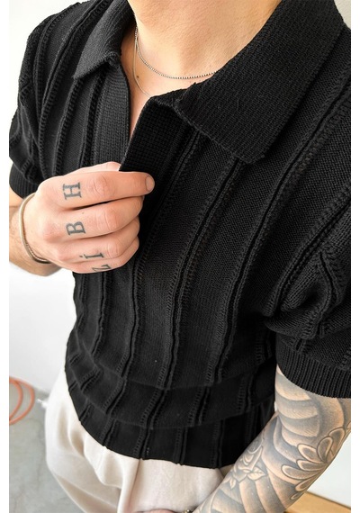 Siyah Striped Knitwear Relaxed Triko Polo Yaka Tişört Siyah