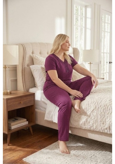 Eyfuze Kadın Büyük Beden Yakası Düğmeli Kısa Kollu Bambu Pijama Takımı Mürdüm-1