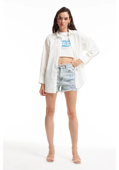 Quzu Oversize Ekru Kadın Gömlek 11478