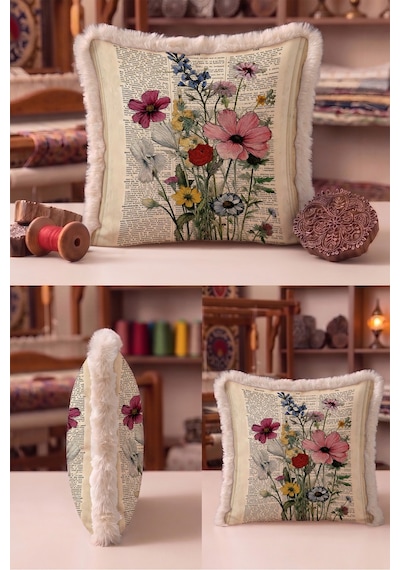 Vintage Çiçek Botanik Saçaklı Yastık Kılıfı-nostaljik Floral Krem Bej Vizon Püsküllü Kırlent Kılıfı Çok Renkli