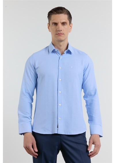 İmza Mavi Sert Yaka Uzun Kol Cepsiz Slim Fit Pamuklu Gömlek 1004255284