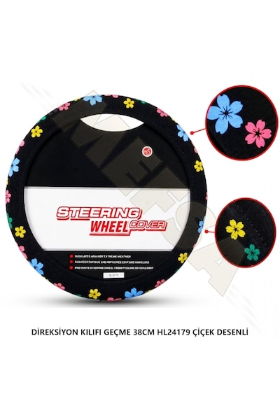 Universal Direksiyon Kılıfı Siyah Üzeri Kabartma Desenli 38cm Direksiyonlar İçin Kabartmalı Çiçek Desenli