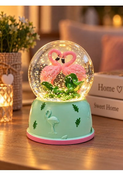 Flamingolu Kar Küresi 9 Cm Işıklı Dekoratif Biblo Sevgiliye Romantik Hediye