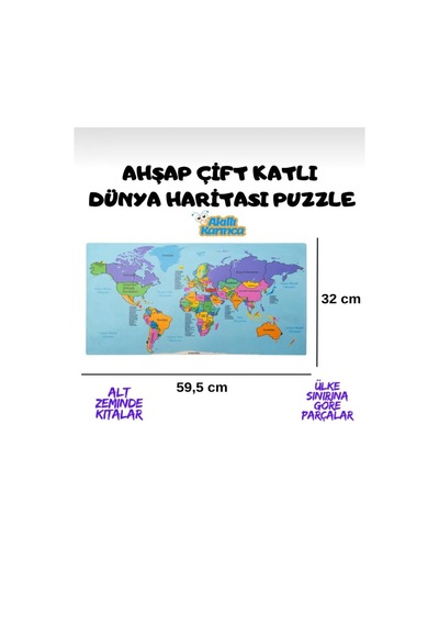 Ahşap Çift Katlı Dünya Haritası Puzzle 50 Parça Eğitici Ve Öğretici Coğrafya Oyunu