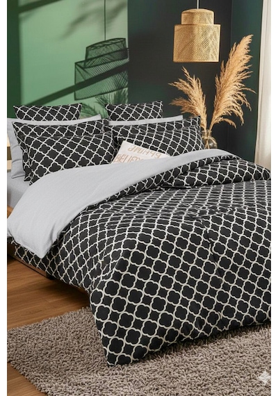 More Home Çift Kişilik Yorgan Kılıfı + 2 Yastık Kılıfı Çarşafsız Motif Desen Siyah Beyaz