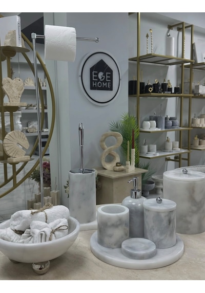 Dekorafit Beyaz Mermer 9 Parça Banyo Seti Wc Havluluk-kase Gümüş Top