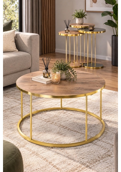 Sulorahome Antrasit Ceviz Desenli Gold Ayaklı 4'lü Yuvarlak Sehpa Seti