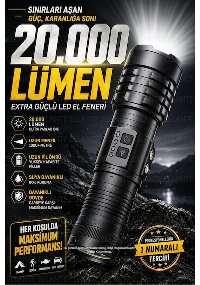 20.000 Lümen Süper Güçlü El Feneri Şarj Edilebilir Uzun Menzil Led Fener Güçlü Aydınlatma Çok Renkli