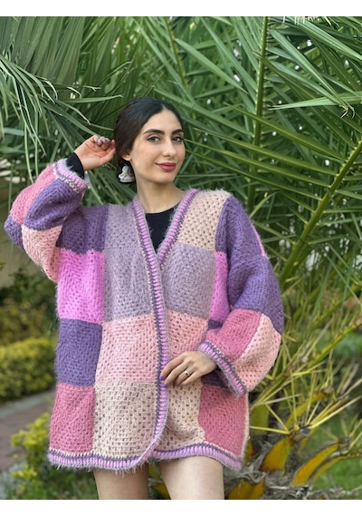 Gönülden Tasarım El Örgüsü Peluş Yumuşak Kadın Oversize Hırka Renkli