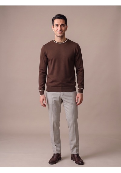 Maccali Erkek Koyu Kahve Kontrast Şeritli Bisiklet Yaka Triko Sweatshirt