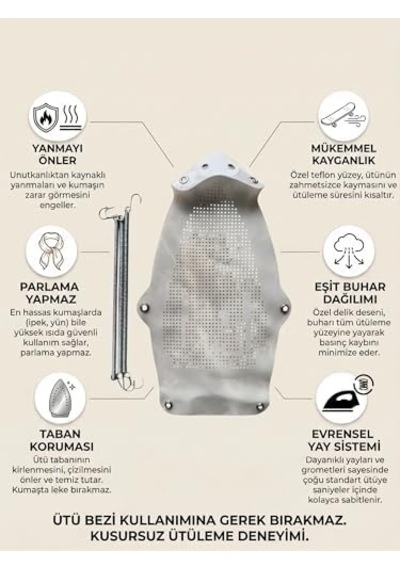 Yanmaz Yapışmaz Teflon Ütü Altlığı, Parlama Önleyici, Hassas Kumaş Koruyucu Ütü Çarığı, Yaylı Montaj, Buhar Delikli Ütü Tabanlığı