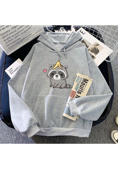 Startmore Gri Muz Kabuğu İle Sevimli Rakun Hoodies Karikatür Kawaii Grafik B Gri