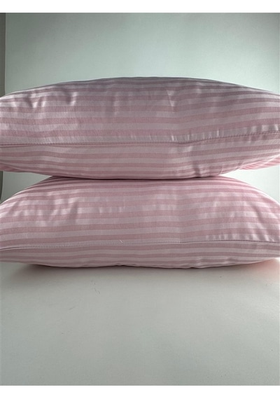 Çizgili Saten Pudra 2 Adet 50x70 Yastık Kılıfı Pudra