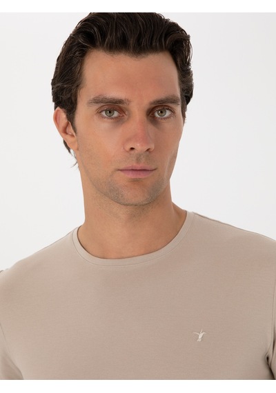 Bej Slim Fit Bisiklet Yaka Pamuklu T-shirt