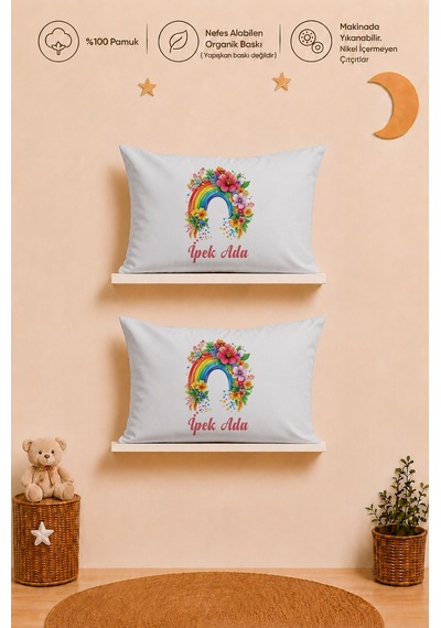 İsme Özel Kız Bebek Hediyesi 2 Adet 35x45 %100 Pamuk Yastık Kılıfı Ve Ham Bez Bebek Kıyafet Kesesi 1005y2k3x