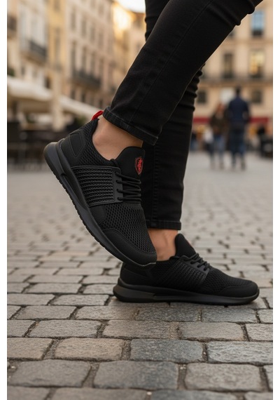 Enoch Erkek Spor Ayakkabı Tam Siyah Sneaker Kırmızı Detaylı Fileli Yürüyüş Modeli Siyah