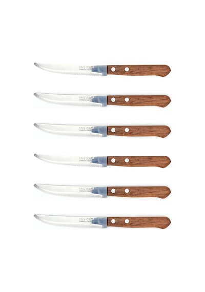 6 Lı Paslanmaz Çelik Steak Bıçağı Seti Tırtıklı Keskin Ağızlı, Ahşap Saplı Et Ve Mutfak Bıçağı