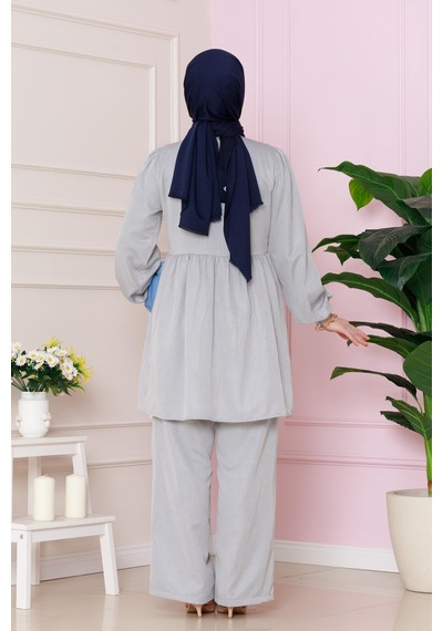 Sevitli Önü Bağlamalı Pantolonlu Takım-gri-4769