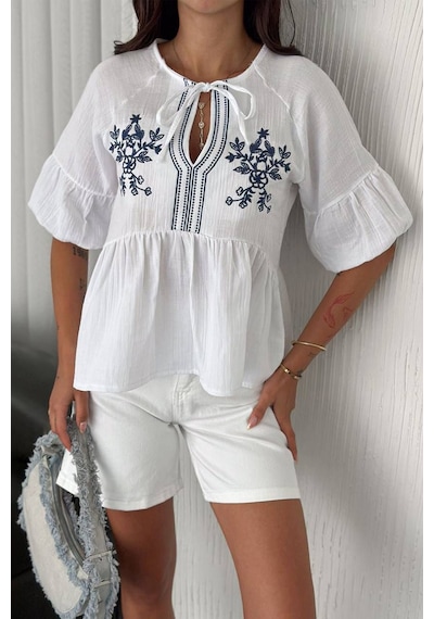 Noa & Noa Kadın Nakış Detaylı Bağlamalı Peplum Gömlek Summer Bloom Beyaz