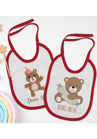 BK Kids Kişiye Özel Sevimli Ayı Tasarımlı 2’li Kırmızı Mama Önlüğ Kırmızı