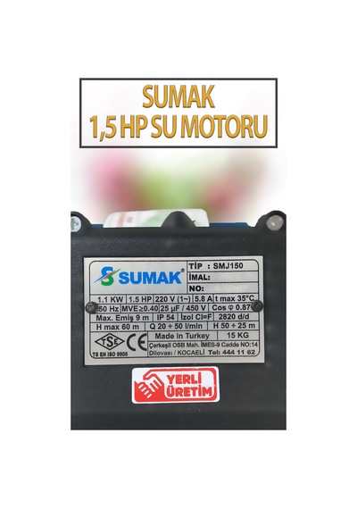 1,1 Kw 1,5 Hp 2820 D/d 5,8 A. Su Motoru 220 V/50 Hz Su Pompası Jet Pompası