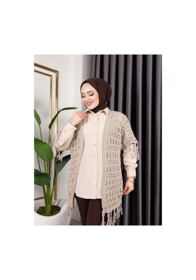 Hira Life Fashion Kadın Mevsimlik Saçaklı Ve Ajurlu Pamuk Triko Hırka Bej Bej
