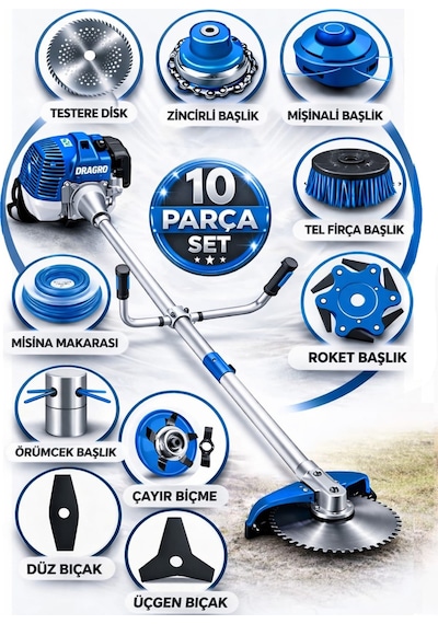 Dragro German Drg-10 + Yan Tipi Benzinli Ot Çalı Çim Biçme Tırpanı + Full Set Hediyeli M