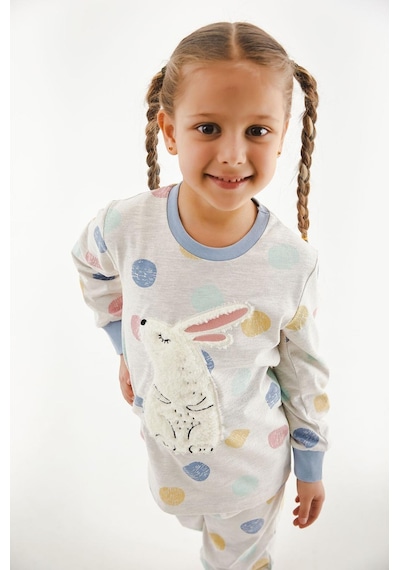 Kız Çocuk Pamuklu Uzun Kollu Tavşanlı Pijama Takımı-11393 Bej