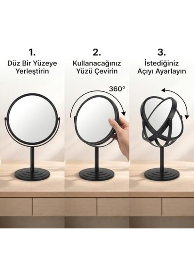 Deconox Ayaklı Çift Taraflı Makyaj Aynası, Normal Ve Büyüteçli Yüzey, 360 Döner Masa Üstü Bakım Ve Tıraş Aynası, Metal Gövde, 19 Cm, Siyah Açık Bej