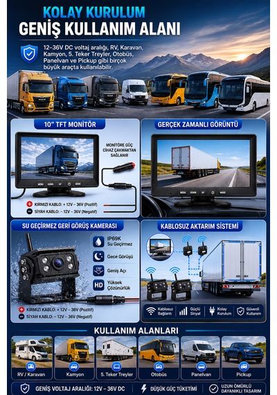 10'' Inç Monitörlü 4 Kameralı Tır Kamyon Otobüs Servis İçin Kablosuz Araç Seti