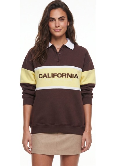 Onloox Kadın Kahverengi Kahverengi Pamuklu Karışım Polo Yaka Oversize Düğmeli California Nakış Detaylı Sweatshirt