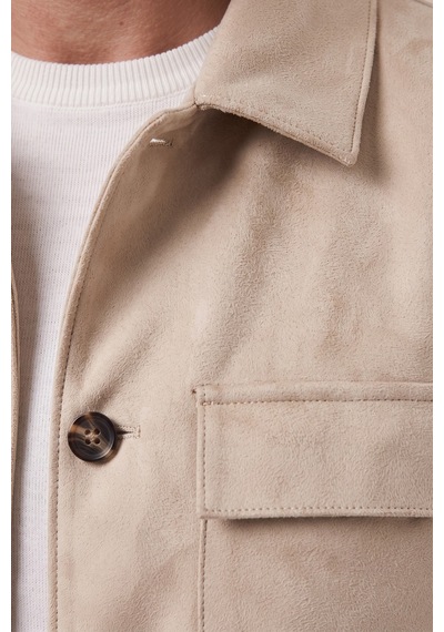 Rizzup Erkek Slim Fit Tüylenmeyen Kırışmayan Krem Süet Ceket Astarlı Gömlek Yaka 2704503