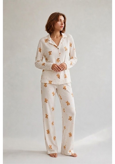 Fit Women Kadın Gömlek Yaka Düğmeli Gece Giyimi Beyaz Pijama Takımı