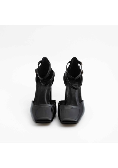Gleam Kapalı Kare Burun 8cm Kalın Topuk Çift Bantlı Stiletto - Topuklu Ayakkabı 001