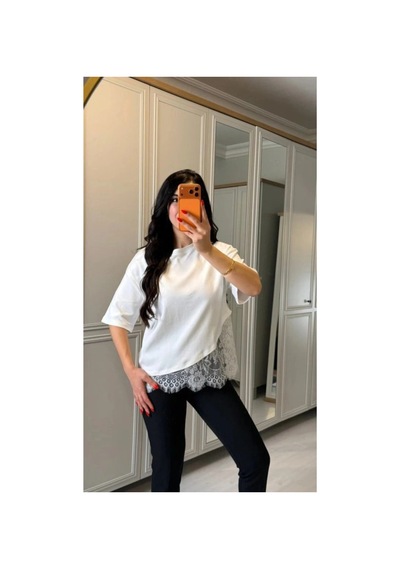 Butik İstanbul Kısa Kollu Bısıklet Yakalı Dantel Detaylı Vıskon Ikı Iplık Bluz Beyaz