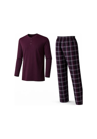 Mutlu City Erkek Mevsimlik Uzun Kollu 3 Düğmeli Ekose Alt Pijama Takımı 16652 Vişne