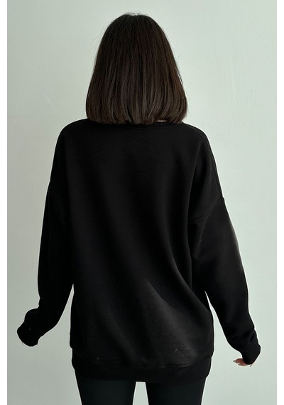 Kadın Siyah Bisiklet Yaka Oversize Sweatshirt Siyah
