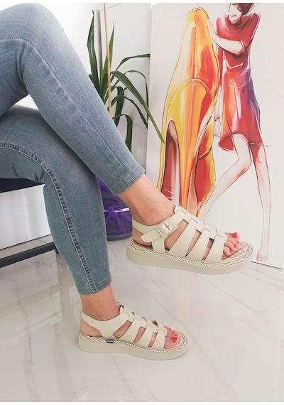 Bej Renk Kafes Model Padli Taban Kadın Sandalet 001