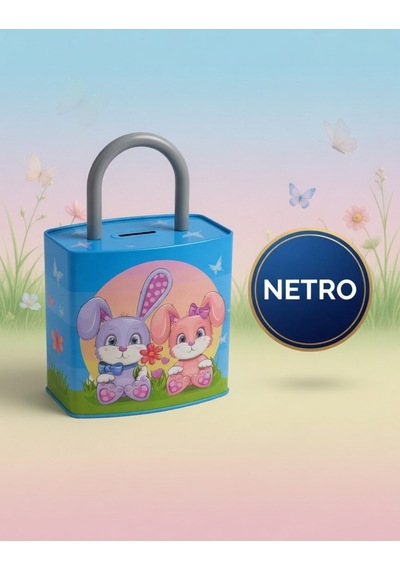 Kilit Şeklinde Dev Boy Kumbara 26x17 Cm Hediyelik Metal Kumbara Kapaklı Kolay Açılabilir Model 2 Li Tavşan Mavi