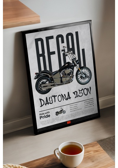 Regal Daytona 250v Siyah Ahşap Çerçeveli Poster, Dekoratif Motosiklet Duvar Tablosu Çok Renkli